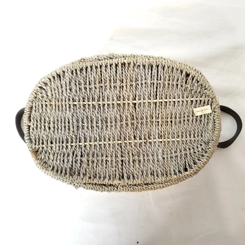 Unique Beautiful Earth Tone Multicolored Wooven Jute Basket with Leather Handles